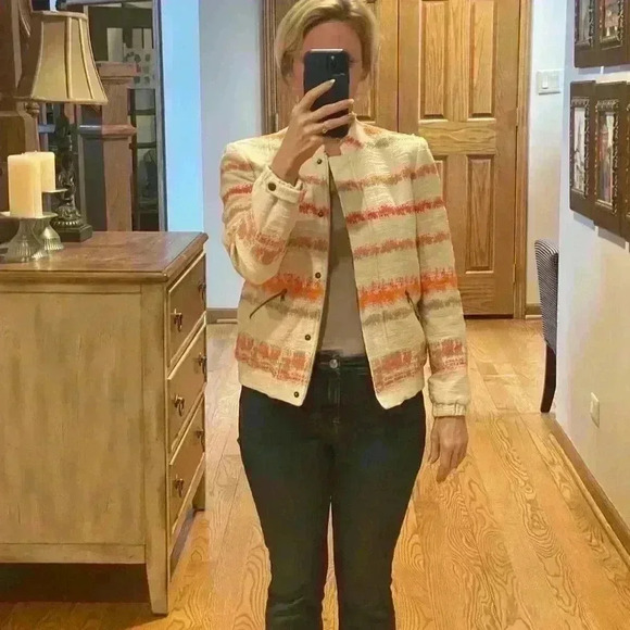 Alice + Olivia Orange Cream Stripped Aztec Jacket Lightweight Coat Size Medium. - Picture 5 of 14
